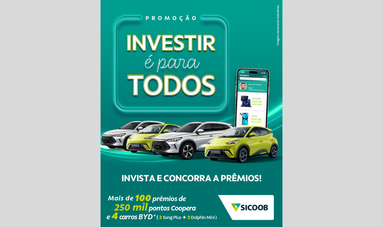 Sicoob irá sortear 4 carros elétricos em campanha de investimento consciente
