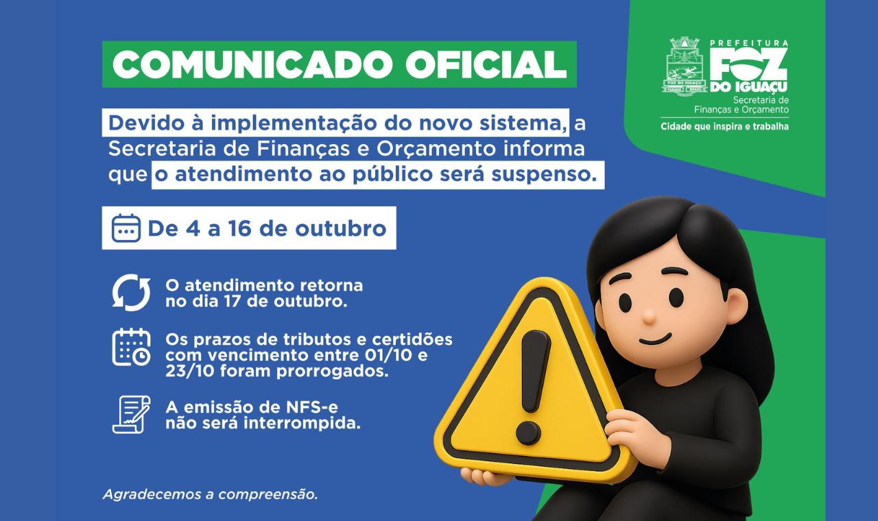 Secretaria de Finanças e Orçamento atenderá somente pelos canais digitais entre 6 e 16 de outubro
